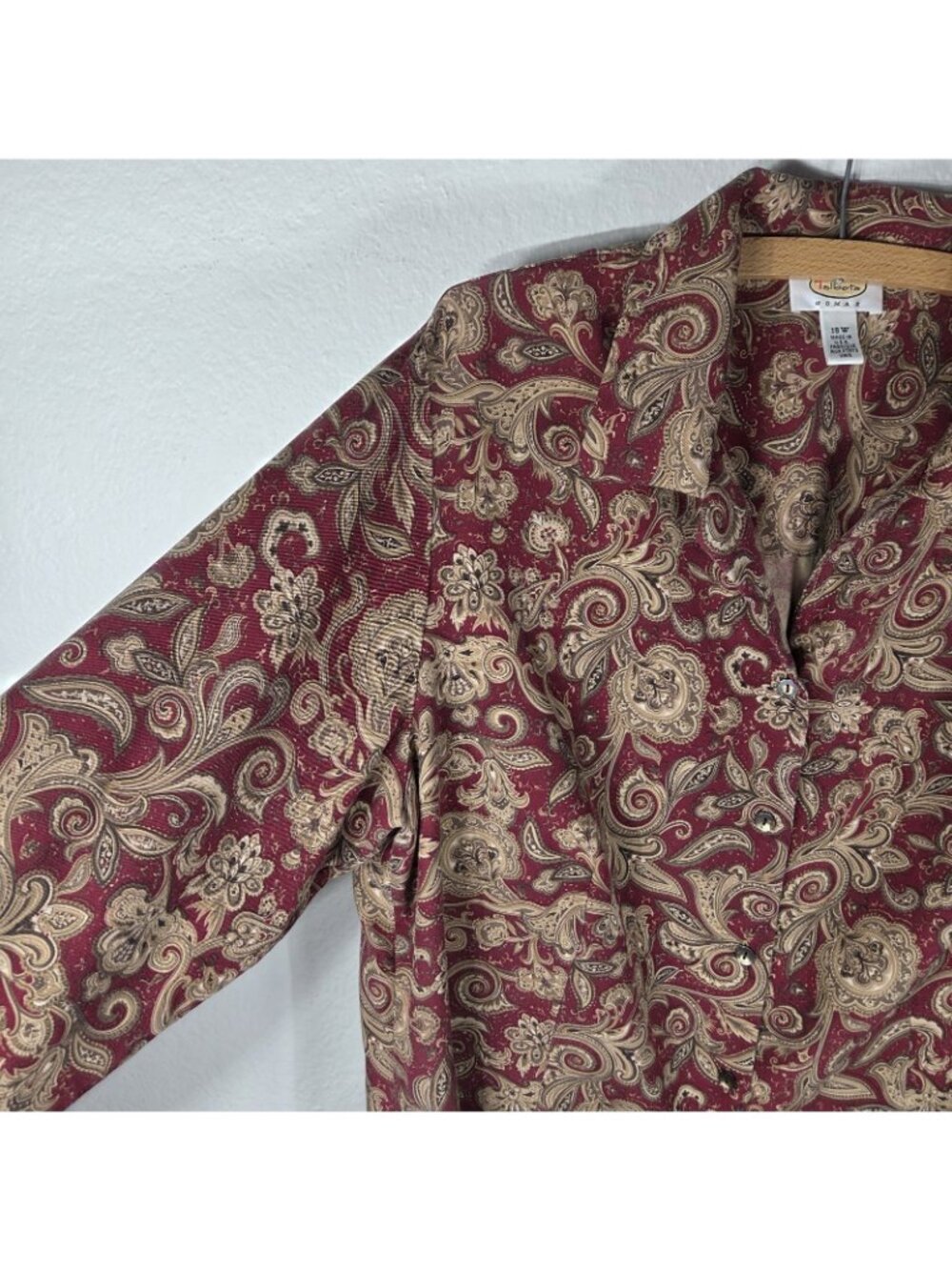 Vintage Talbots 18W Silk Wool Button Down Shirt 90s Pasley Burgundy Tan - Picture 5 of 16